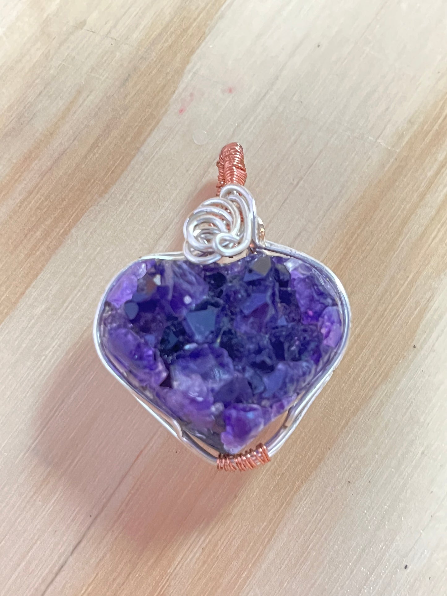 Amethyst Heart Pendant Handmade Copper and Silverwire