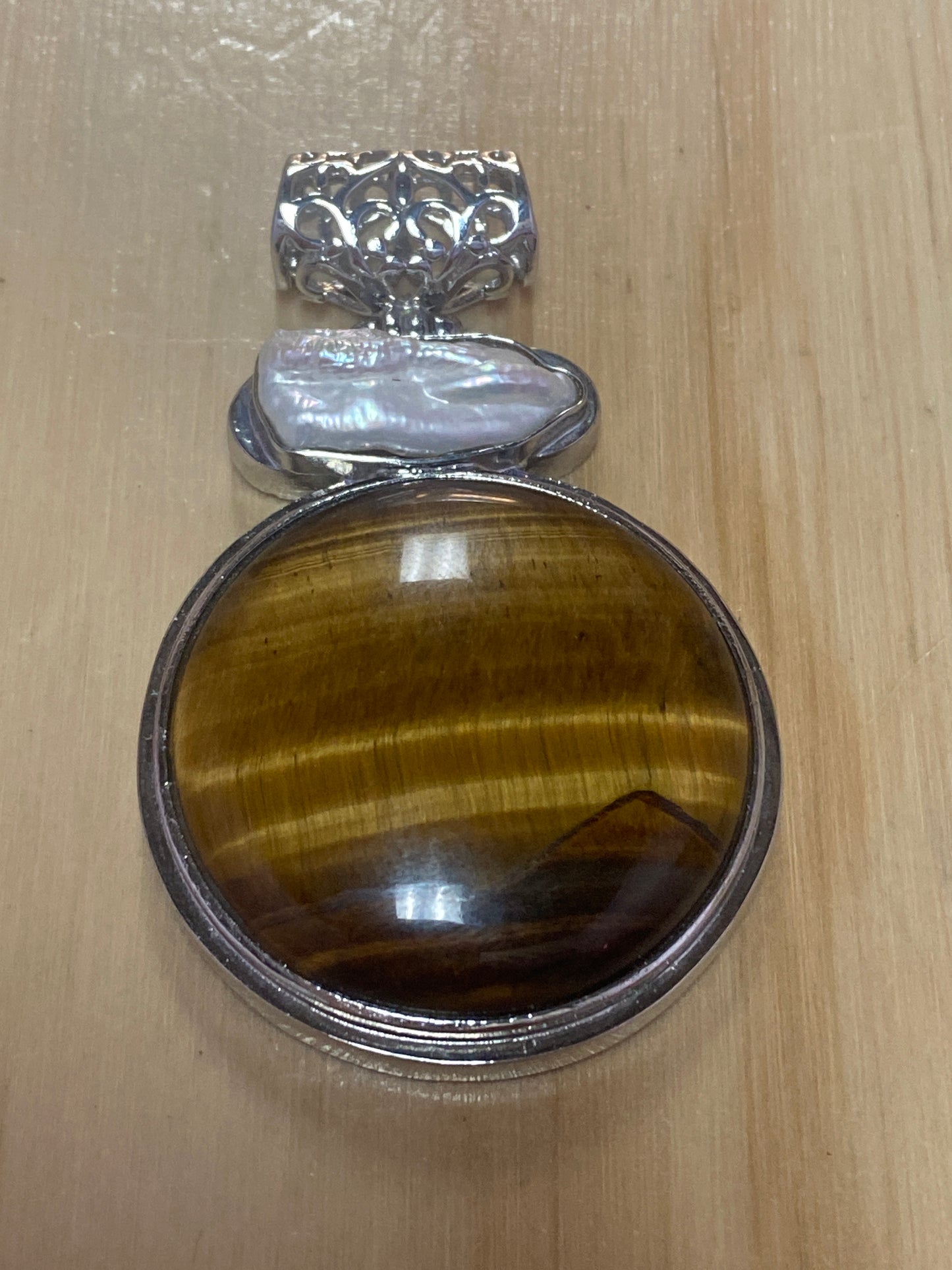 Vintage Tiger Eye Pearl Silver Plated Pendant