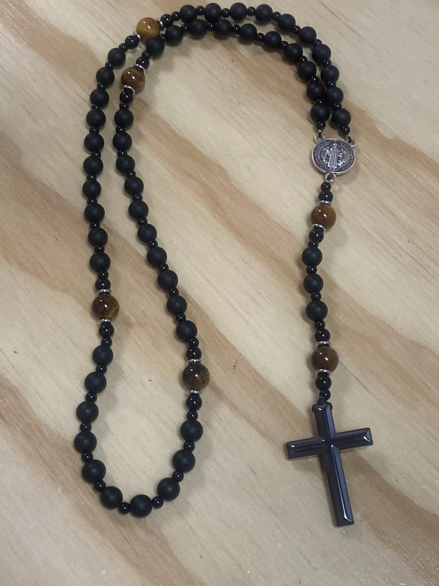 Black Matte Obsidian Hematite Cross Rosary Necklace