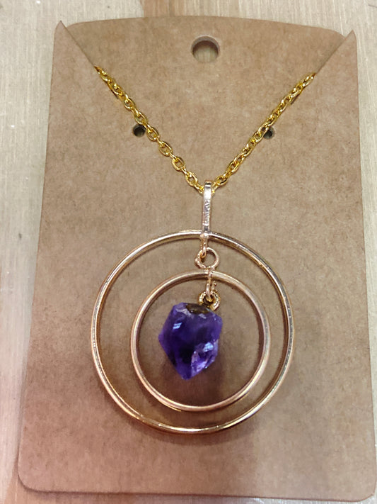 Amethyst Double Ring Point Golden Pendant Necklace