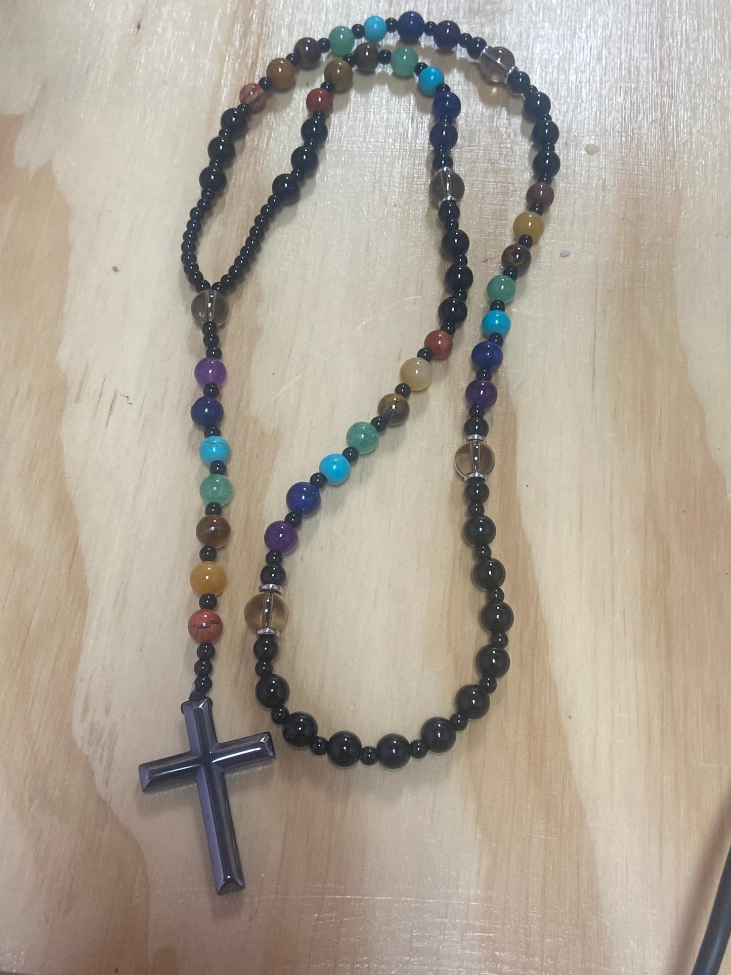 Chakra Stones Rosary Necklace Hematite Cross