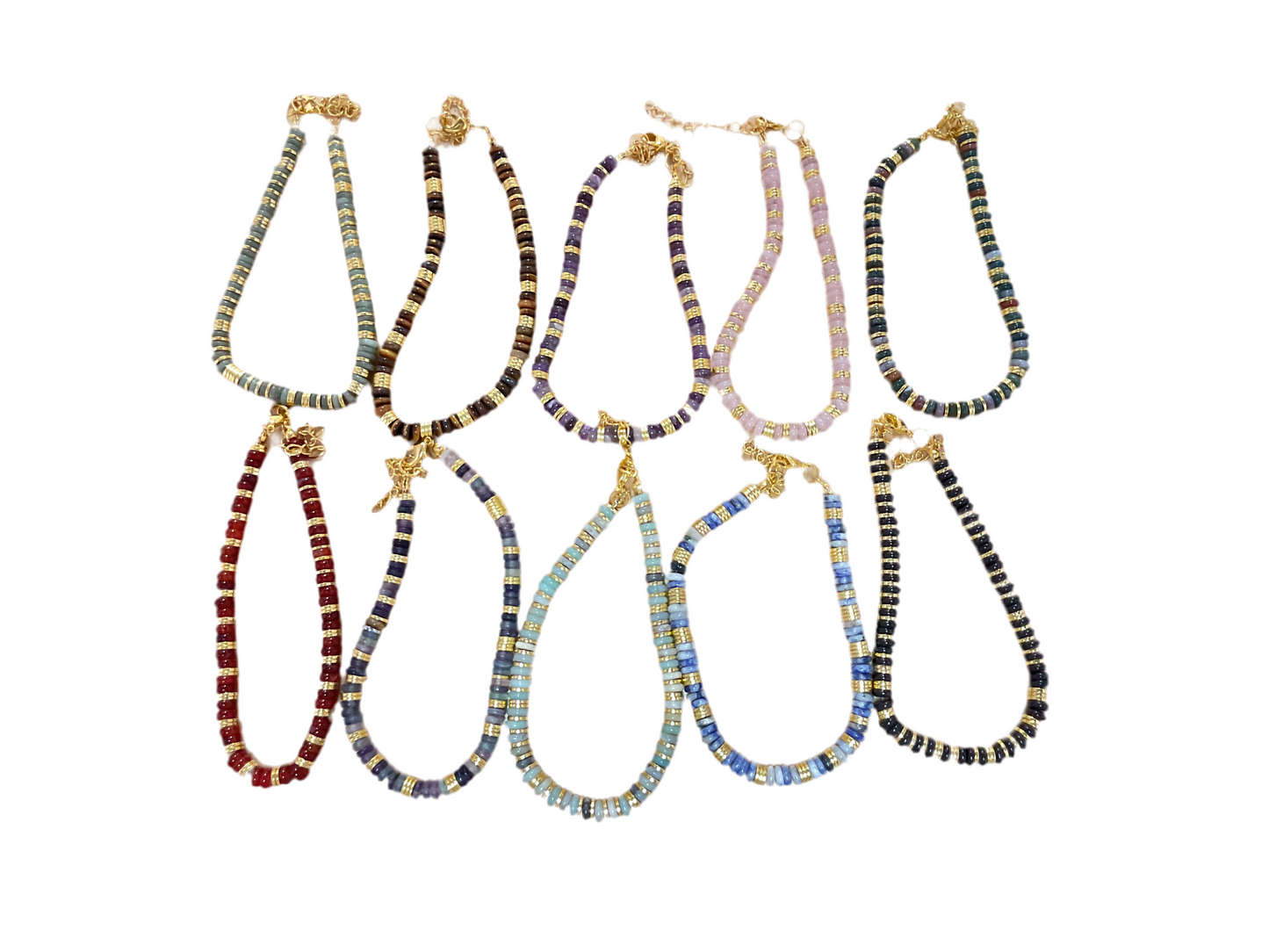 Tobillera Heishi con piedras preciosas doradas, cadena ajustable de 23 cm