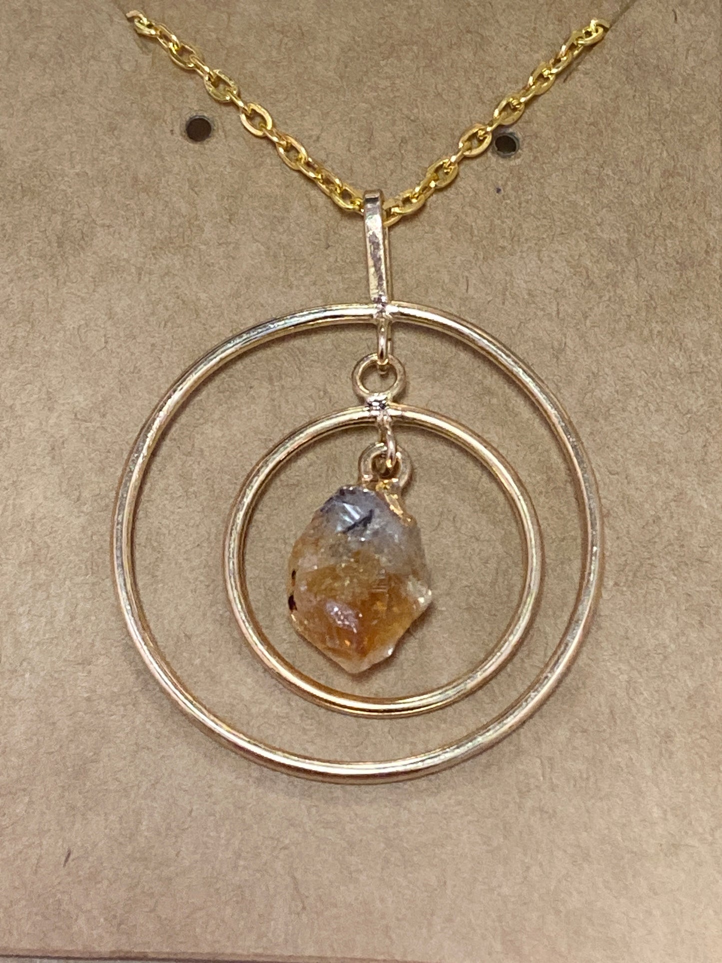 Citrine Double Ring Point Golden Pendant Necklace