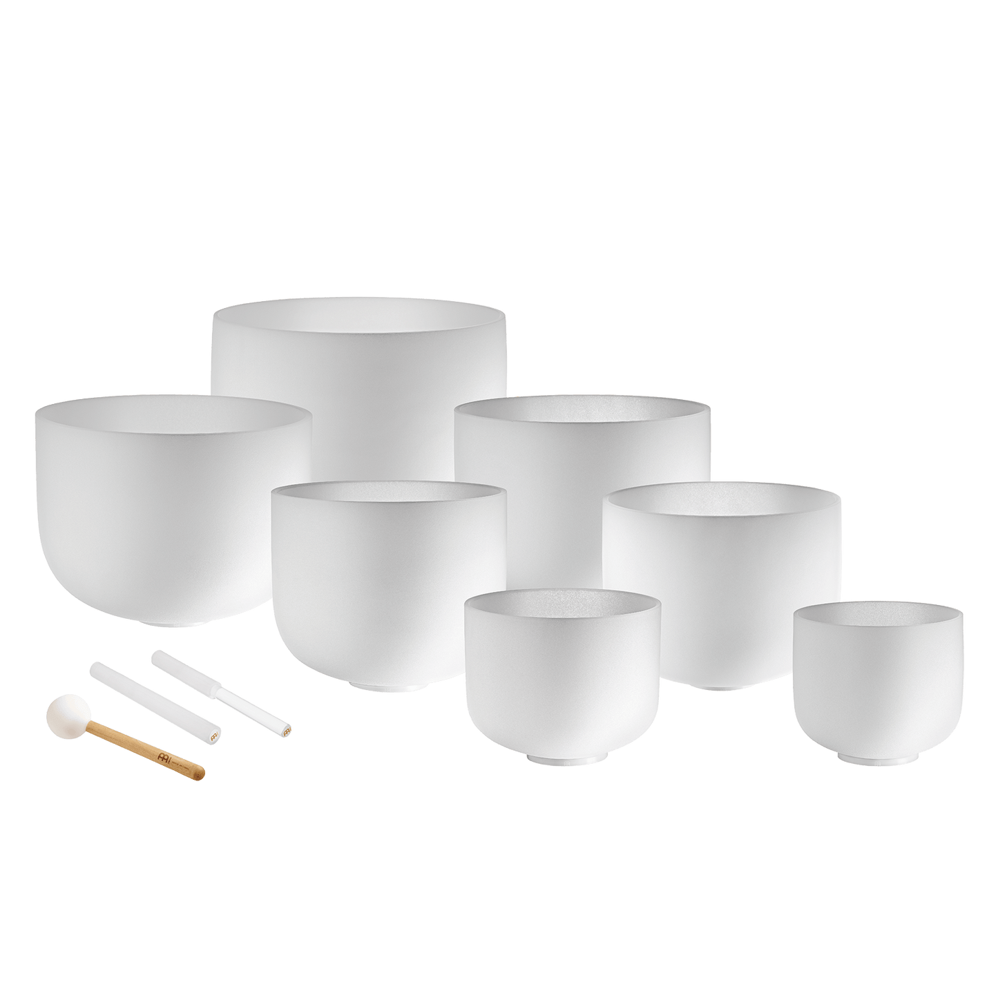432 Hz 8"-14" Crystal Singing Bowls Chakra Set of 7 - Pure White Frosted Quartz