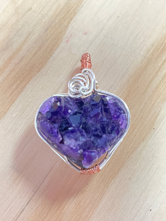 Amethyst Heart Pendant Handmade Copper and Silverwire