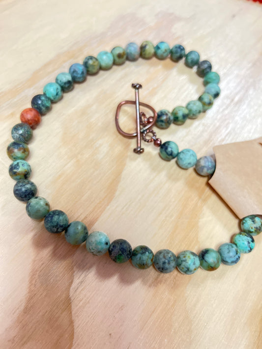 African Turquoise 10mm Bead Necklace with Copper