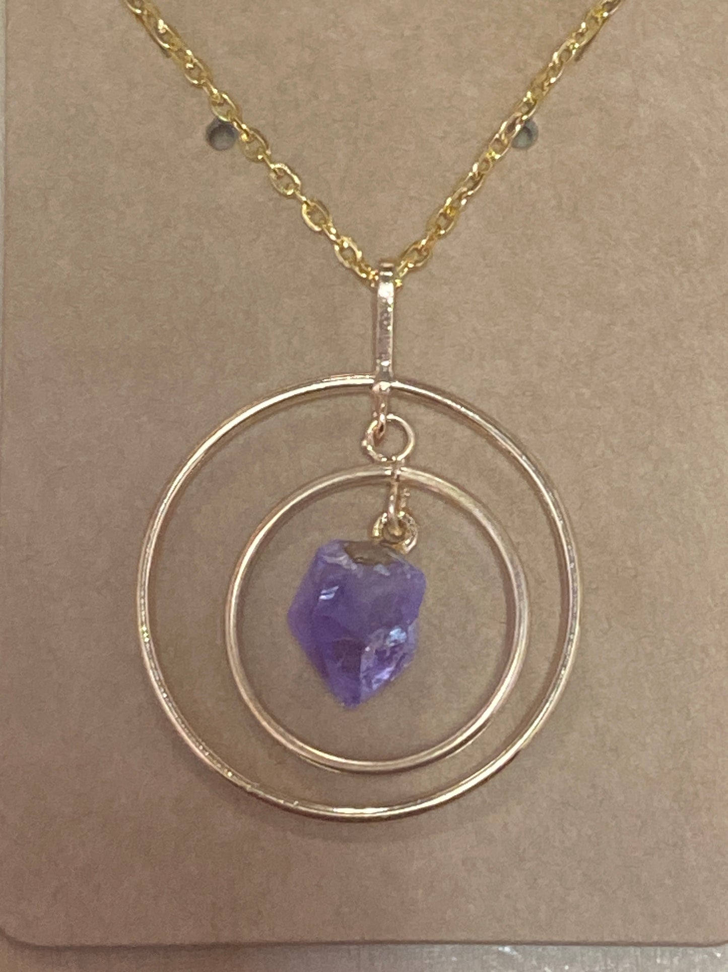 Amethyst Double Ring Point Golden Pendant Necklace