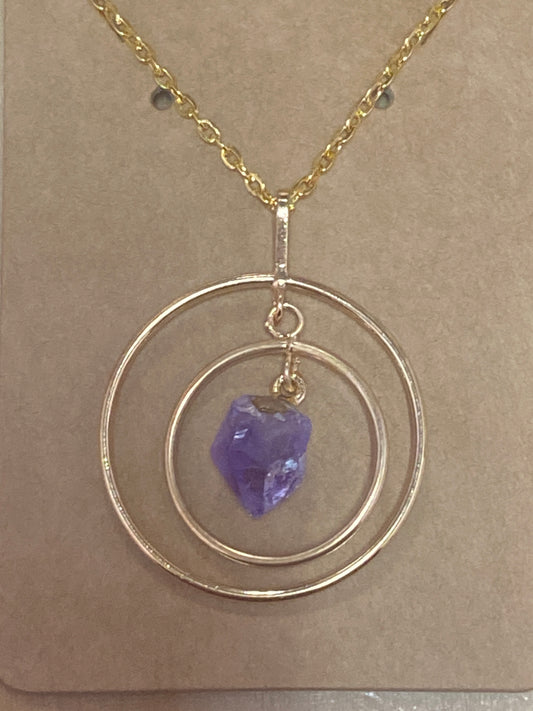 Amethyst Double Ring Point Golden Pendant Necklace