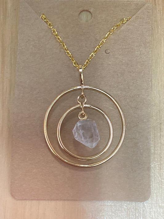 Clear Quartz Double Ring Point Golden Pendant Necklace