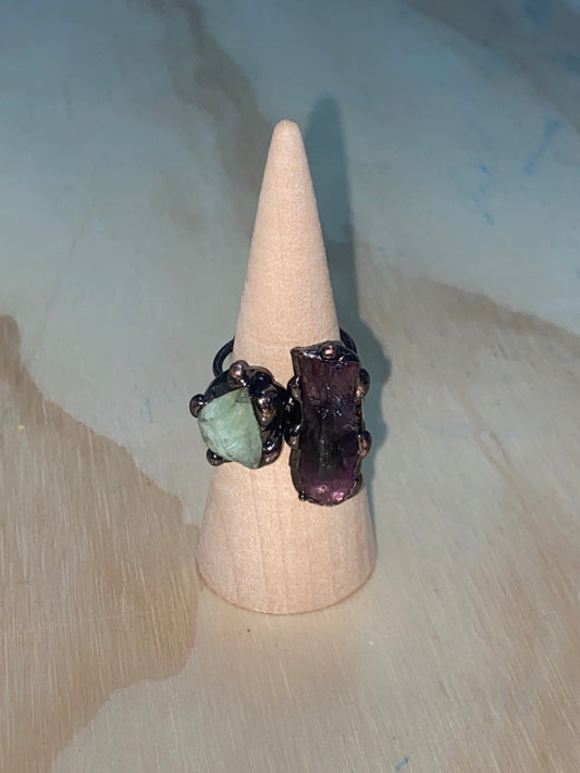 Adjustable Deep Amethyst and Fluorite copper Ring