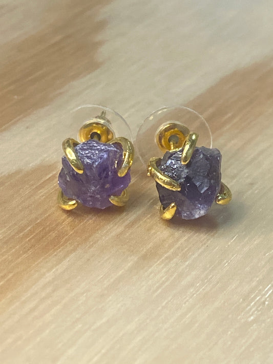 Natural stone rough Amethyst earrings 24k Gold Plated Copper