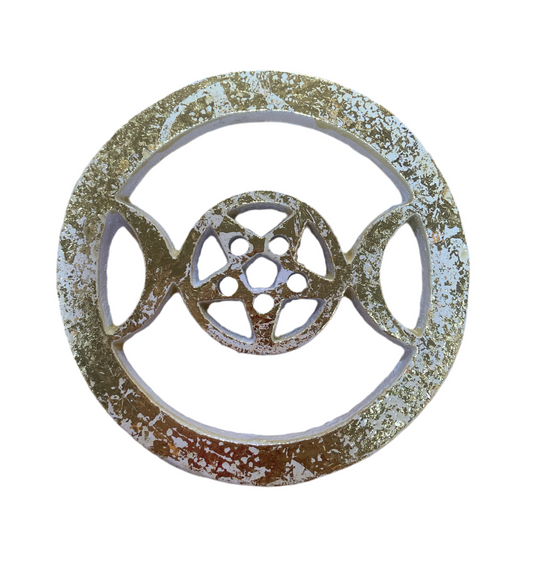 White and Gold Triple Moon Pentagram Metal Altar Tile 4’ round