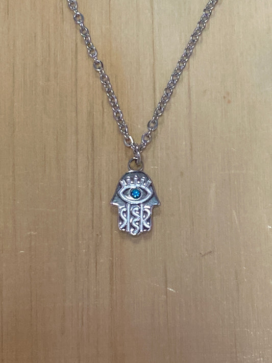 Hamsa Hand Evil Eye 18k Silver Plated Stainless Steel Neckla