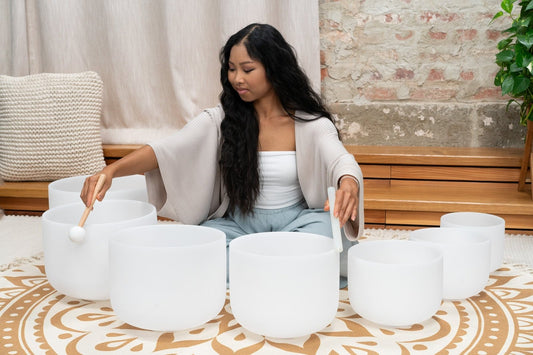 432 Hz 8"-14" Crystal Singing Bowls Chakra Set of 7 - Pure White Frosted Quartz