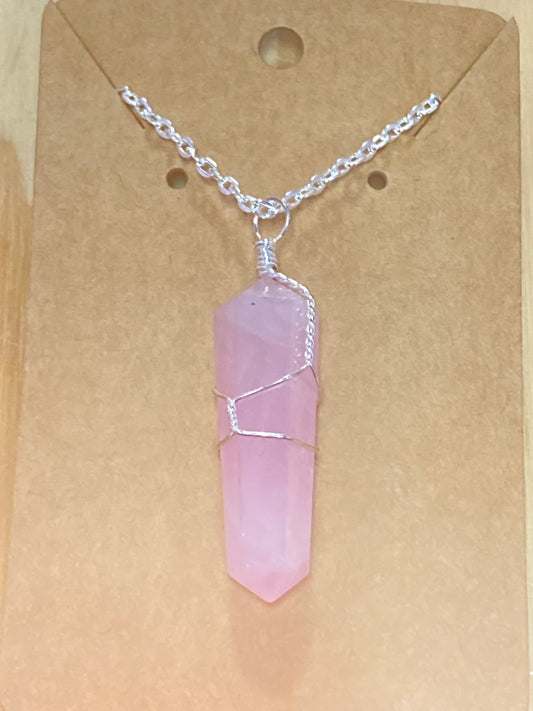 Rose Quartz Wire Wrap Point Pendant Necklace
