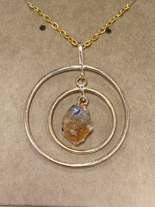 Citrine Double Ring Point Golden Pendant Necklace