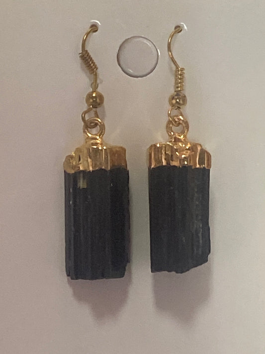 Natural Black Tourmaline Gold Earrings