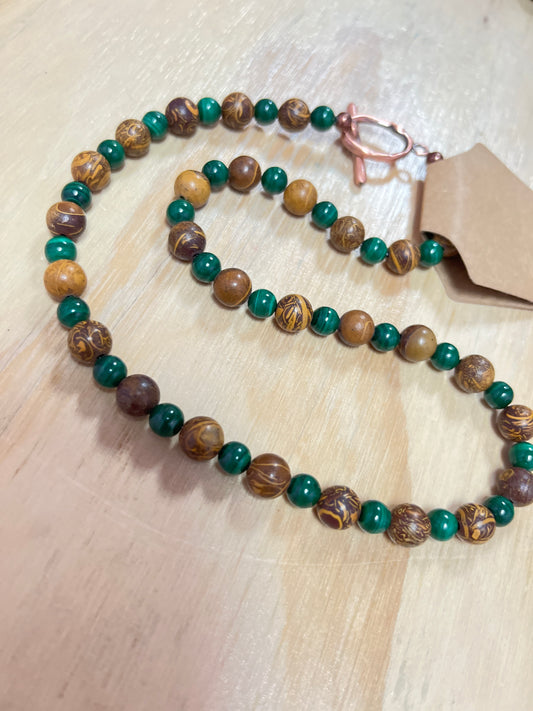 Malachite and Wood Beaded Necklace with Copper
