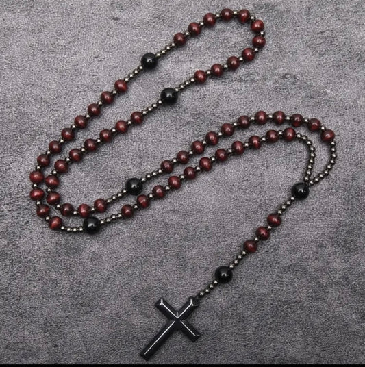 Red Bead and Black Natural Stone Rosary