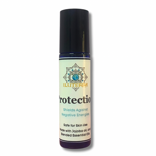Aceite de protección en rodillo: mezcla de aceites esenciales con aceite de jojoba orgánico para protección energética y defensa espiritual.