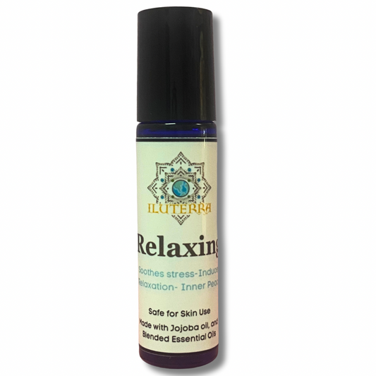Rodillo de aceite relajante: mezcla de aceites esenciales con aceite de jojoba orgánico para calma, alivio del estrés y tranquilidad mental.